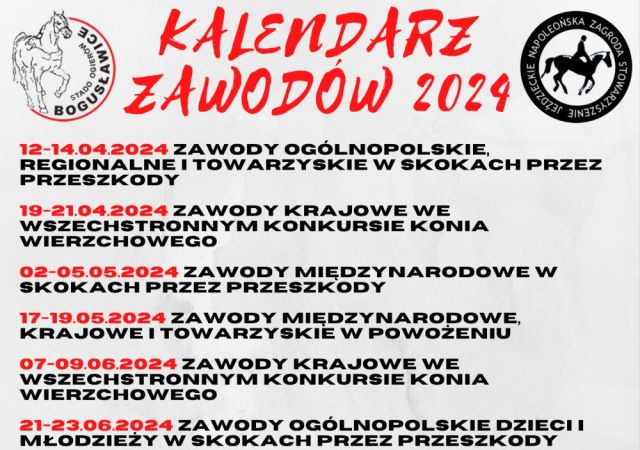 Kalendarz zawodów jeździeckich 2024 Stado Ogierów w Bogusławicach